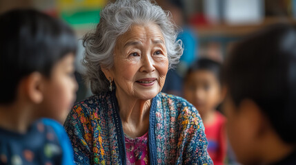 Elderly woman engages with children during storytelling session in a colorful classroom filled with eager young learners. Generative AI