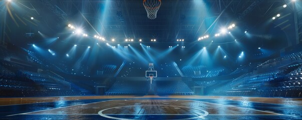 Empty basketball arena, stadium, sports ground with flashlights and fan sits