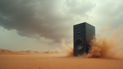 Large speaker column in the desert under the open sky. Concept of pure sound
