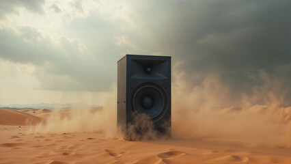 Large speaker column in the desert under the open sky. Concept of pure sound