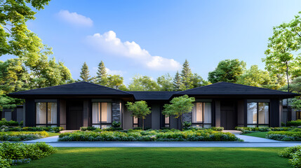 A modern house surrounded by lush greenery and trees, featuring a sleek design and large windows, set against a bright blue sky.