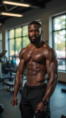 Fototapeta premium Muscular black athlete posing in the gym
