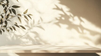Empty table on beige texture wall background. Composition with leaves shadow on the wall. Mock up for presentation, branding products, cosmetics food or jewellery.