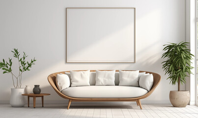 Modern Minimalist Living Room White Sofa Wooden Frame Plants