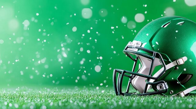 American football helmets on green backgrounds, Super Bowl sports equipment concept