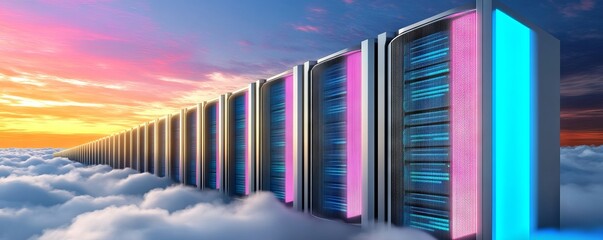 Obraz premium Row of large server equipment floating above clouds with pink and blue lights