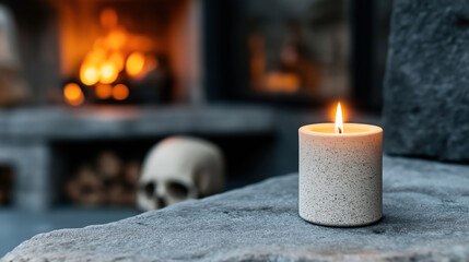 Obraz premium Close-up of a lit candle on a stone surface with a blurred background featuring a skull and a burning fireplace.