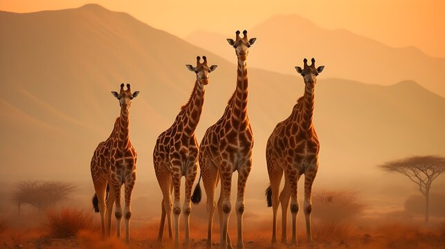 Herd of giraffes pastured in savanna, wild African animals in natural habitat, safari and wilderness of the South of Africa.