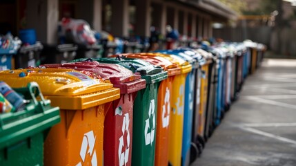 A photo shows colorful recycling bins on a sidewalk by a building, each for specific recyclables like plastic, glass, and paper. The setup indicates an operational recycling system