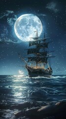Fototapeta premium Pirate ship sailing on a moonlit sea, 4K illustration