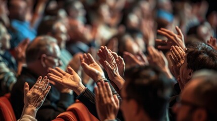 Crowded auditorium shows enthusiastic audience in red/orange shirts raising hands, implying active participation and unity across age groups.