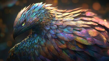 Naklejka premium Iridescent mythical bird of prey with glowing eyes, detailed feathers, bokeh background.