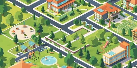 Retirement community with houses, gardens, and recreational facilities, simple vector, isometric illustration.