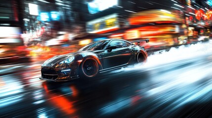 Fototapeta premium Sleek sports car drifting through a vibrant, rain-slicked city at night, motion blur effect.