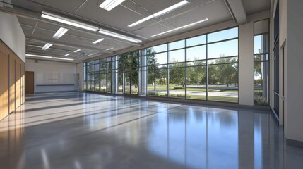 Fototapeta premium Sunlit spacious modern interior with large windows overlooking a park-like landscape.