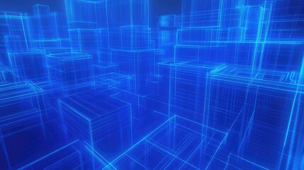 Abstract blue digital city skyline, futuristic wireframe cityscape.