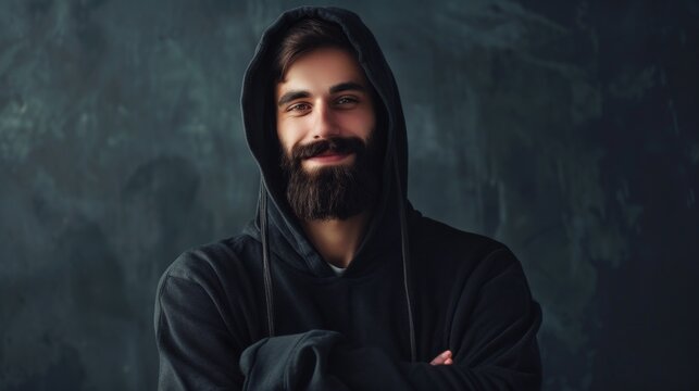 Young man in black hoodie, bearded, smiling, arms crossed, direct gaze at camera.