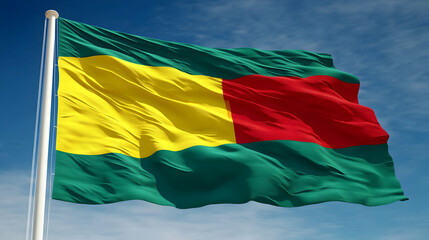 Obraz premium A Green, Yellow, and Red Flag Waves on a Blue Sky with White Clouds, National Symbol of Guinea-Bissau
