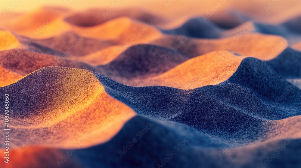 Poster abstract textured surface with undulating waves, illuminated by warm sunset light, creating a dramat