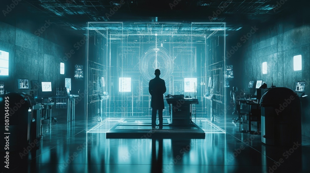 Poster man in futuristic operating room with holographic interface.