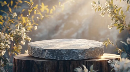 Fototapeta premium Rustic stone platform on tree stump, surrounded by blooming flowers and sunlight.