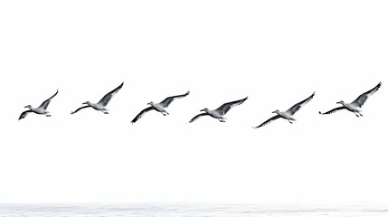 A Row of Six Seagulls Soaring Through the Air in Formation Against a White Cloudy Sky