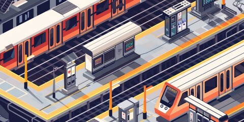 Subway station with platforms, trains, and ticket machines, simple vector, isometric illustration.