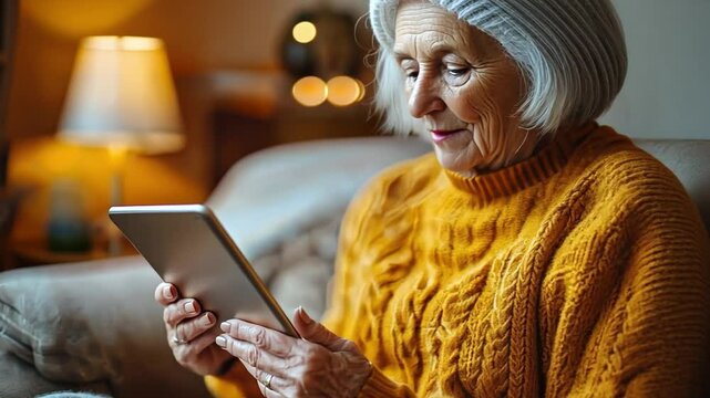 A senior taking a cybersecurity quiz on their tablet, testing their knowledge of online safety practices and feeling empowered by what they've learned.