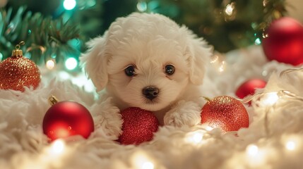 adorable maltipoo 4 week old puppy whimsical twinkling christmas lights wrapped around a happy : Generative AI