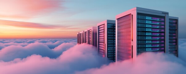 Fototapeta premium Row of large server equipment floating above clouds with pink and blue lights