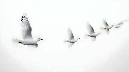 Obraz premium A Black and White Photograph of Four Seagulls Flying in Formation Against a White, Cloudy Sky