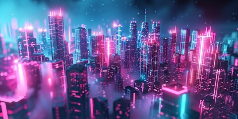 Fototapeta premium Futuristic city skyline with pink and cyan neon lights. Night scene with advanced skyscrapers. 3D Render.