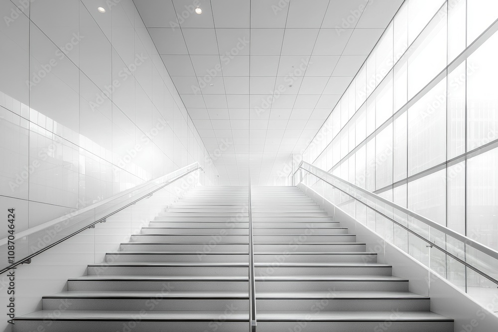 Poster modern staircase features floating glass steps and lightweight steel railings creating serene atmosp