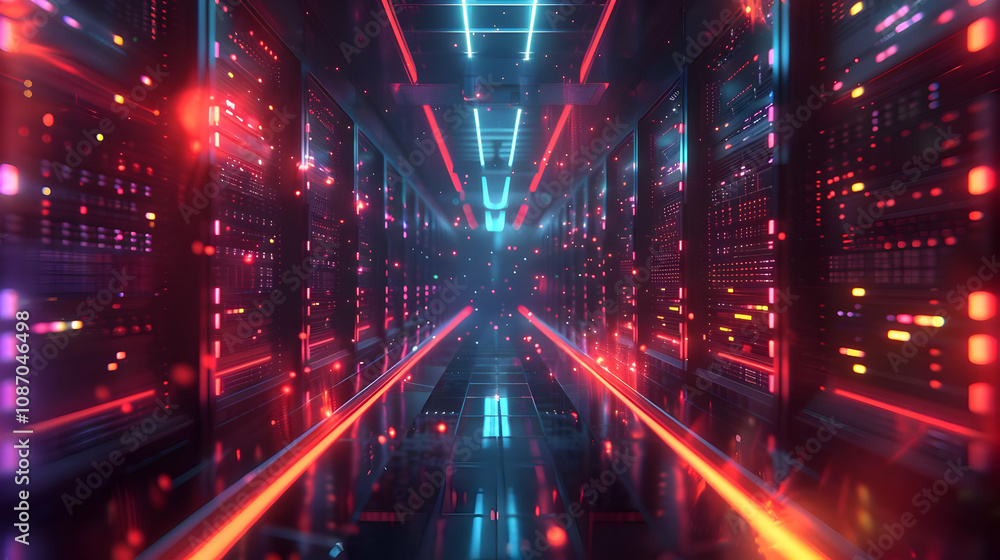 Poster cyberpunk server room: neon lights illuminate a futuristic data center corridor with glowing servers