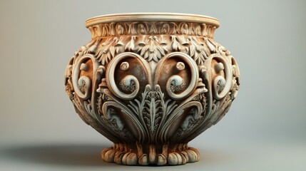 Ornate, carved stone urn with classical design, detailed relief work, and a footed base.