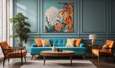 Fototapeta premium Teal Sofa Orange Armchairs Tropical Plant Floral Art in MidCentury Modern Living Room