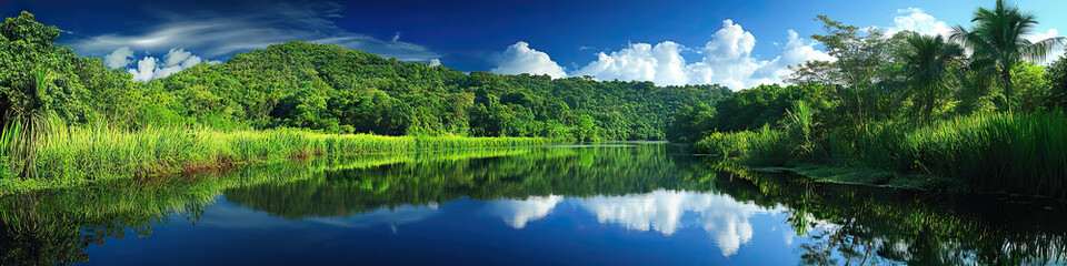 Rainforest: A serene scene of a river winding through the lush vegetation, reflecting the blue sky above.