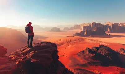 Guy enjoys a solo hike through a breathtaking desert landscape, marveling at the vastness of nature.
