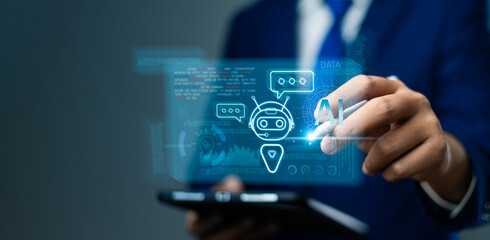 AI technology, Businessmen use laptop to work with AI intelligent tools for success and problem solving, Chatbots and smart solutions for business growth and human collaboration, Business innovation.