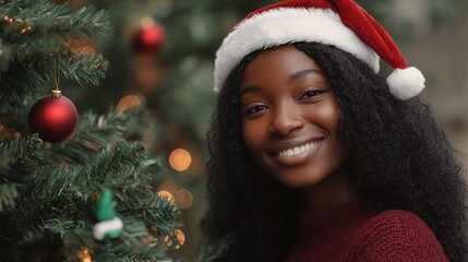 Confident woman in Santa hat standing by Christmas tree Generative AI