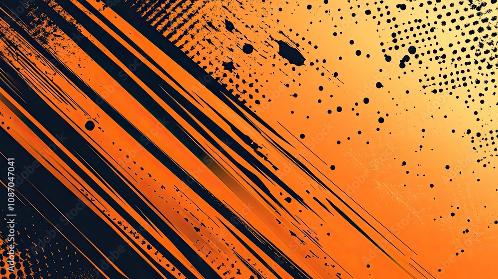 Poster abstract orange and black textured background with diagonal lines and splatters.