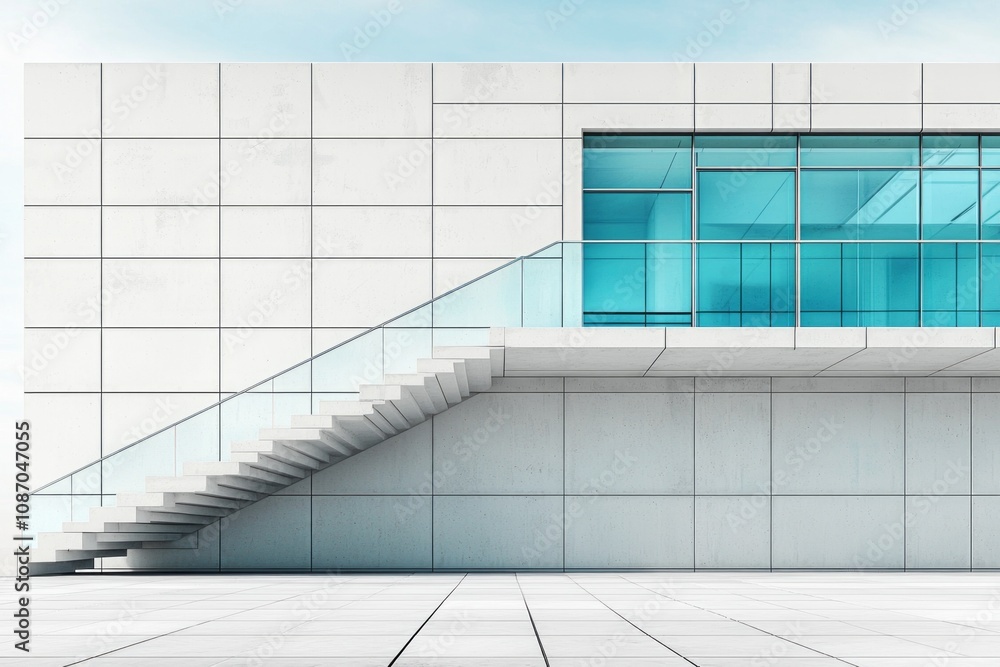 Poster modern staircase showcases floating glass steps steel railings set white background enhances simplic