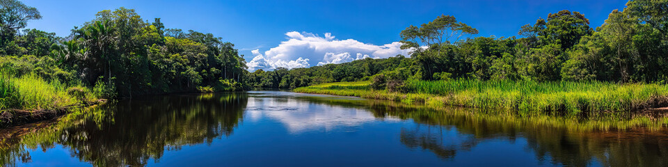 Obraz premium Rainforest: A serene scene of a river winding through the lush vegetation, reflecting the blue sky above.