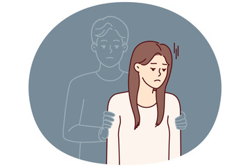 Sad girl with silhouette of man hugging beloved for concept of breaking up with boyfriend or lack of physical intimacy. Sad woman widow feels presence of dead husband stressed after funeral