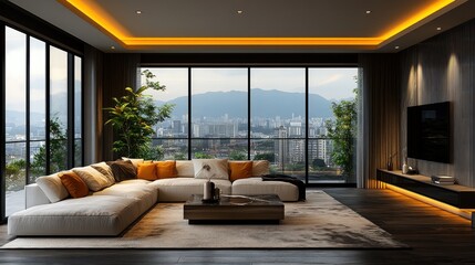 Modern living room with city view and stylish decor.