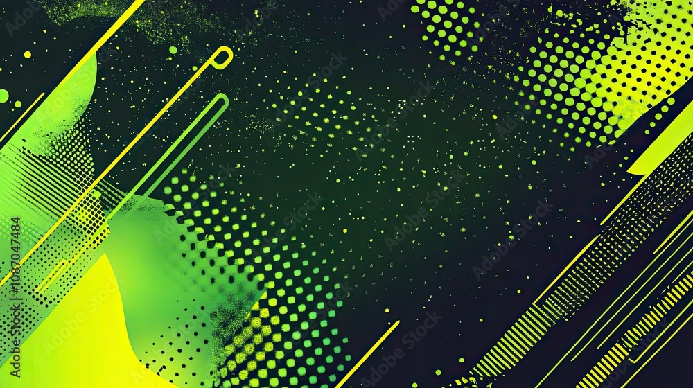 Poster abstract green and yellow geometric design with halftone patterns and dynamic lines on dark backgrou
