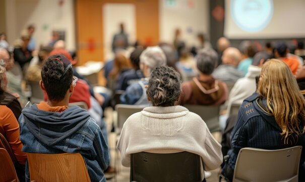 Photo of a community forum where people discuss social justice issues, promoting dialogue and understanding.