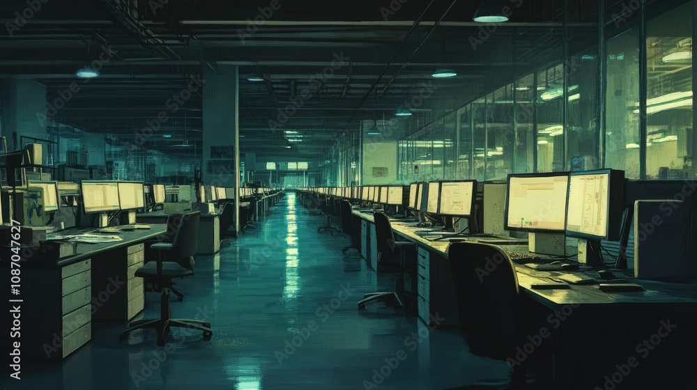 Poster empty, dimly lit office hallway with rows of computers at night.