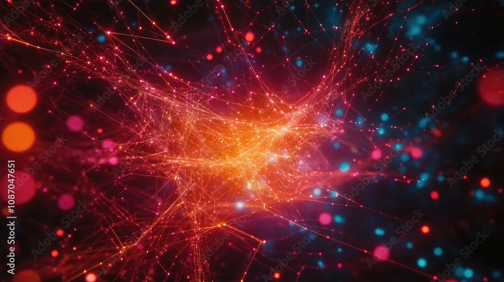 Poster abstract vibrant network of glowing particles and lines in red, orange, and blue hues, creating a dy