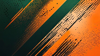 Abstract orange and green textured background with diagonal stripes and dots.
